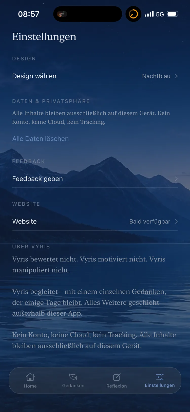 Einstellungen-Bildschirm: Alle Inhalte bleiben ausschließlich auf diesem Gerät. Kein Konto, keine Cloud, kein Tracking.