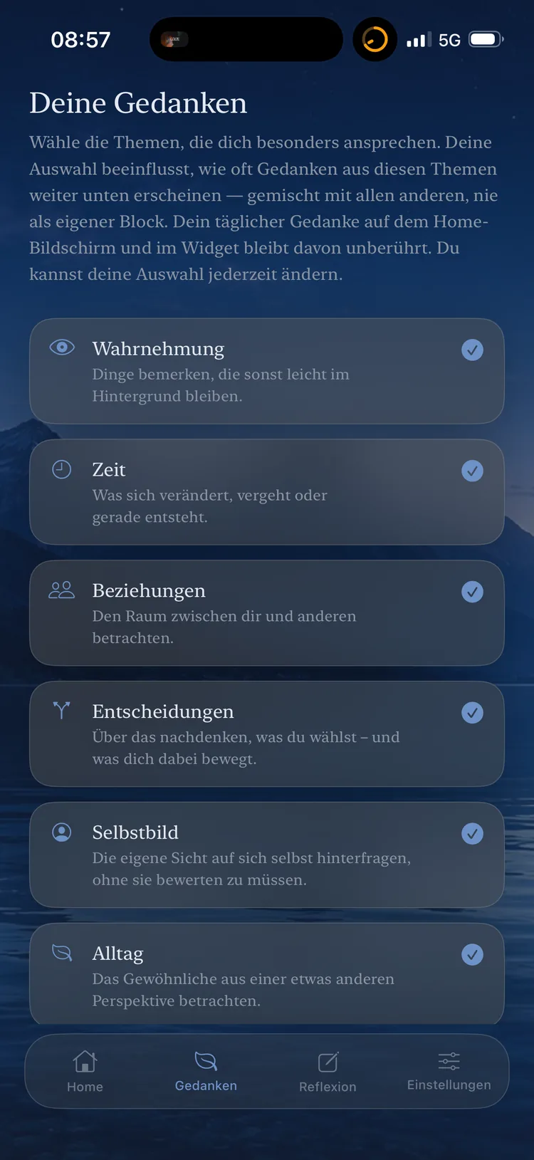 Themenauswahl: Wahrnehmung, Zeit, Beziehungen, Entscheidungen, Selbstbild, Alltag
